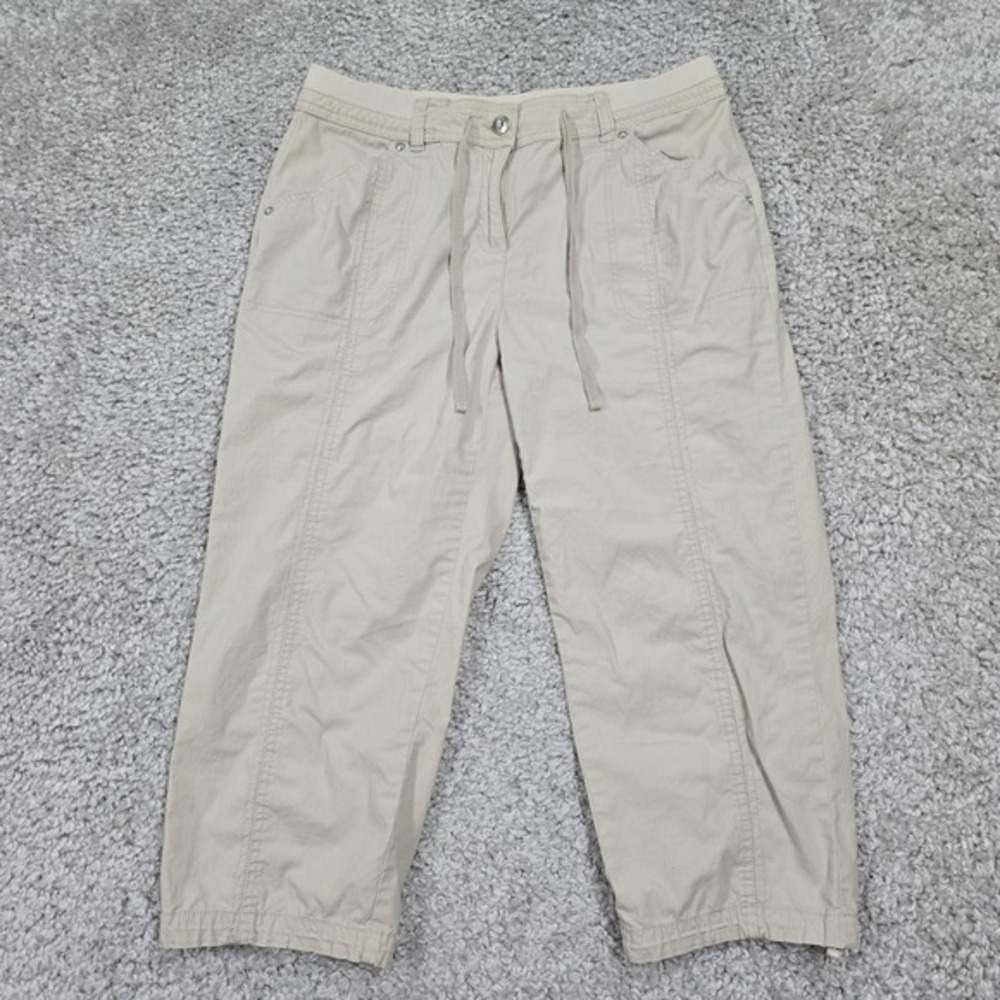 Cleo Capri Pants Womens 10 Beige Drawstring Hem Cotton Stretch Utility Casual